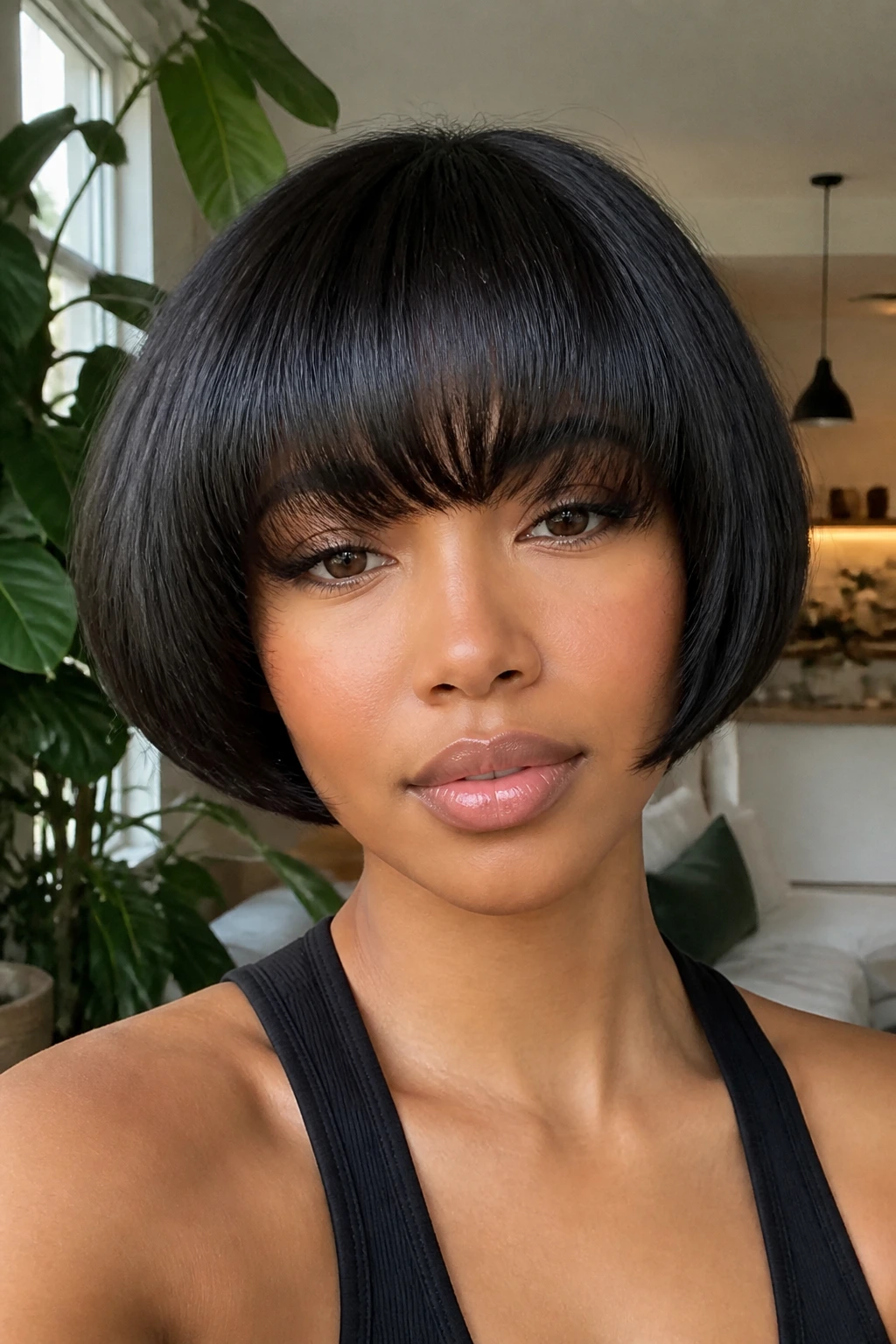 Close-up of real woman rounded mushroom bob arched bangs in bright room