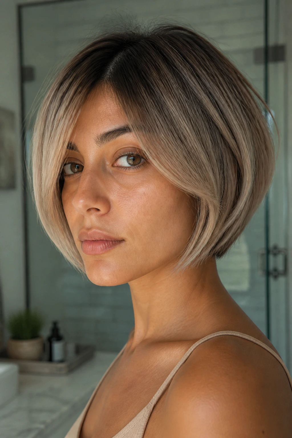 Close-up portrait of a woman with a mushroom bob and olive skin