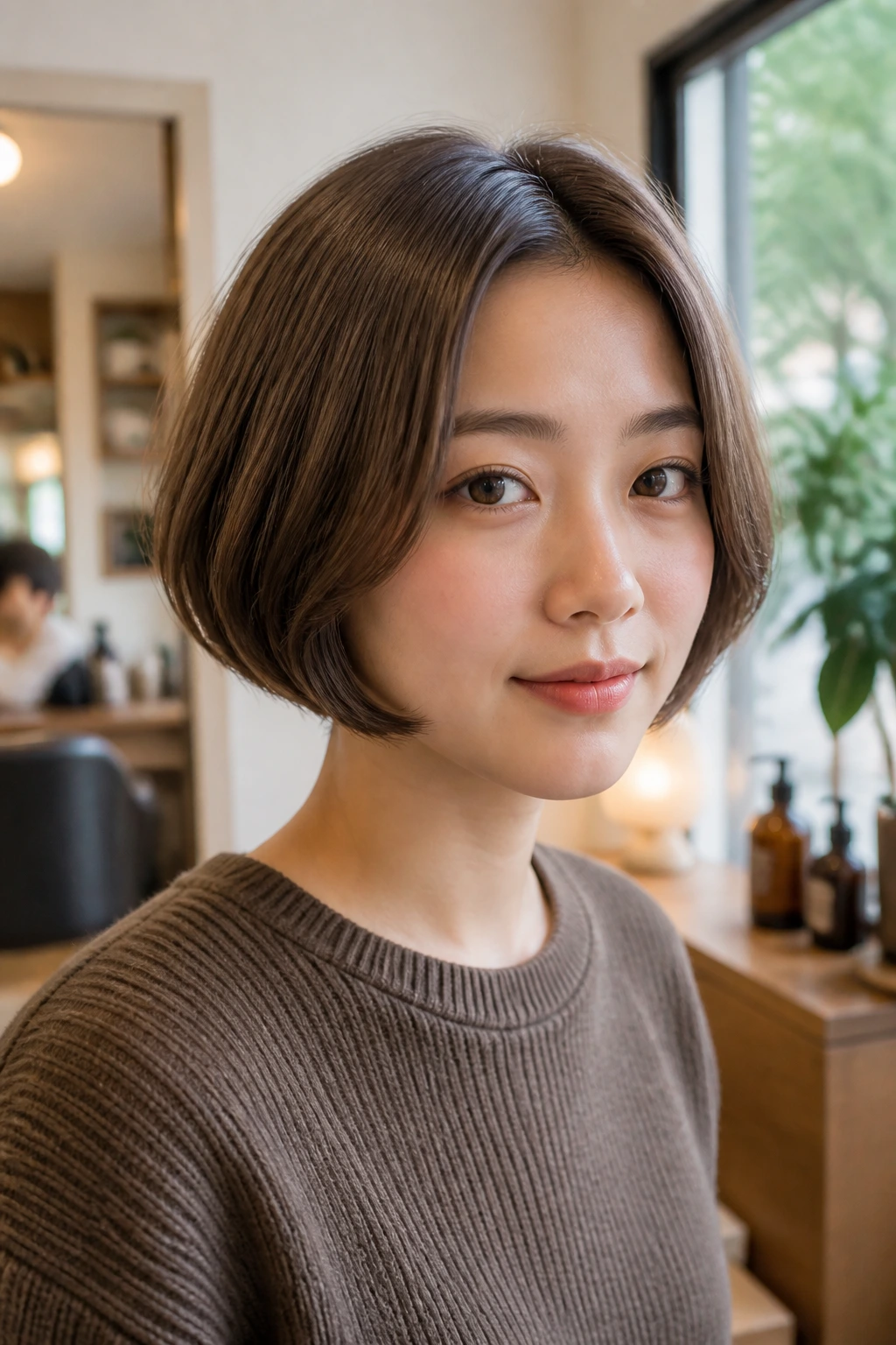 Close-up portrait of a person with a soft mushroom bob hairstyle in a cozy salon.