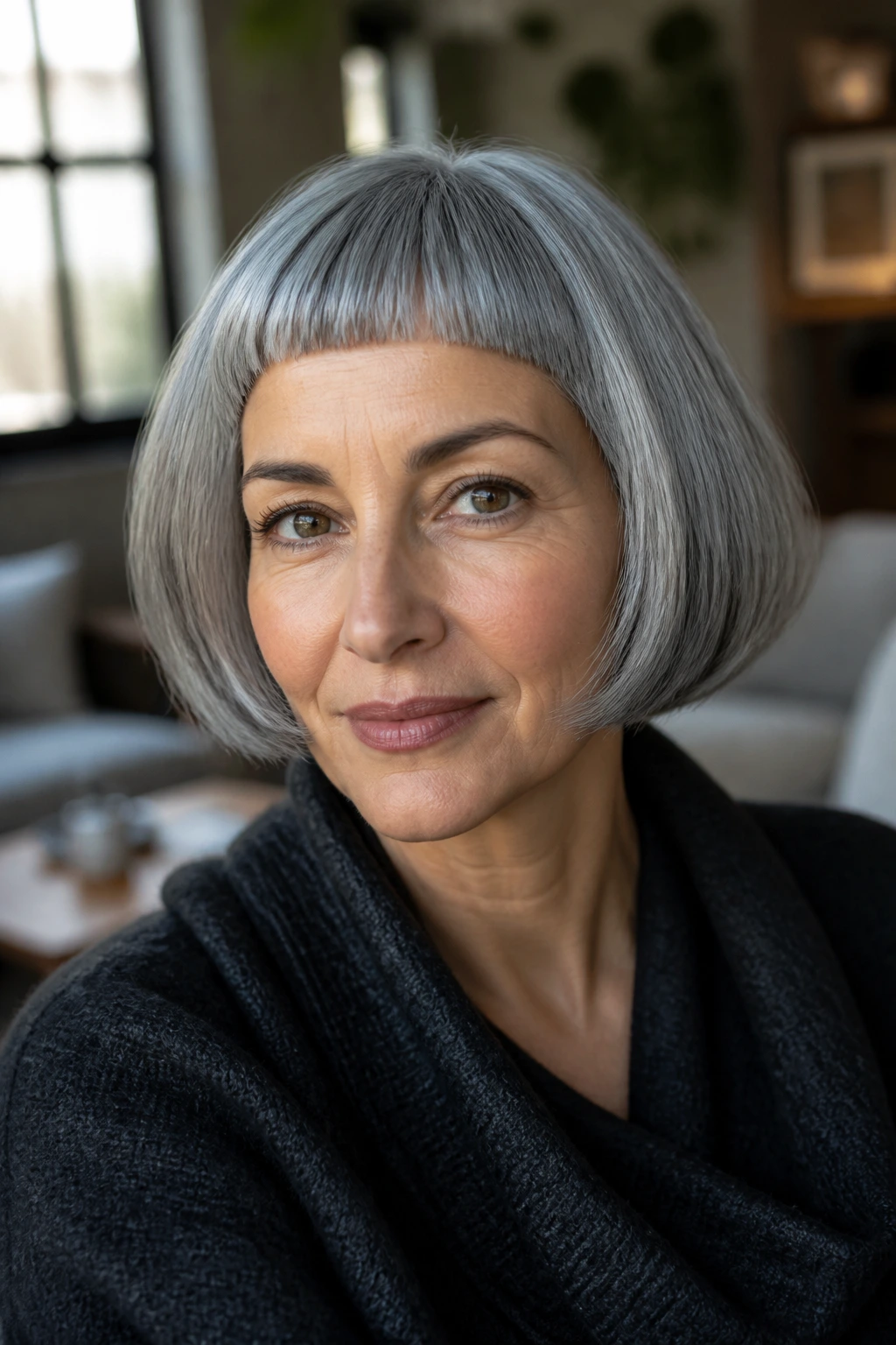 Close-up of a real woman with a mushroom bob and micro-bangs in silver-gray hair