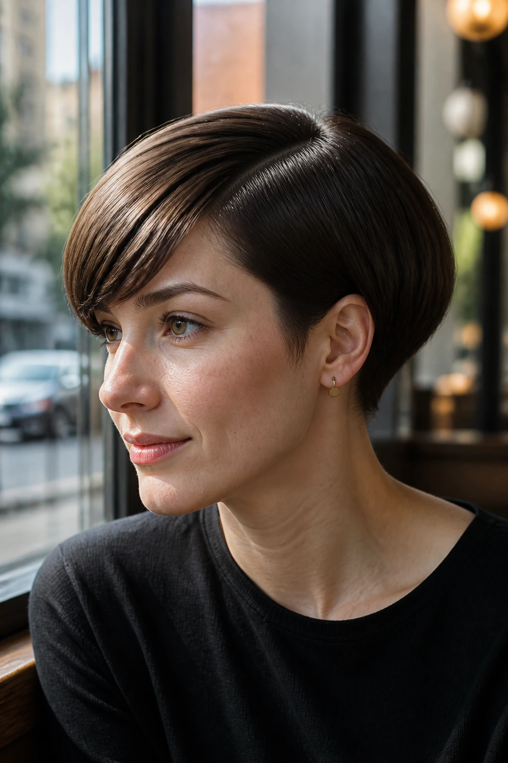 Close-up of real person with mushroom bob and clean side part