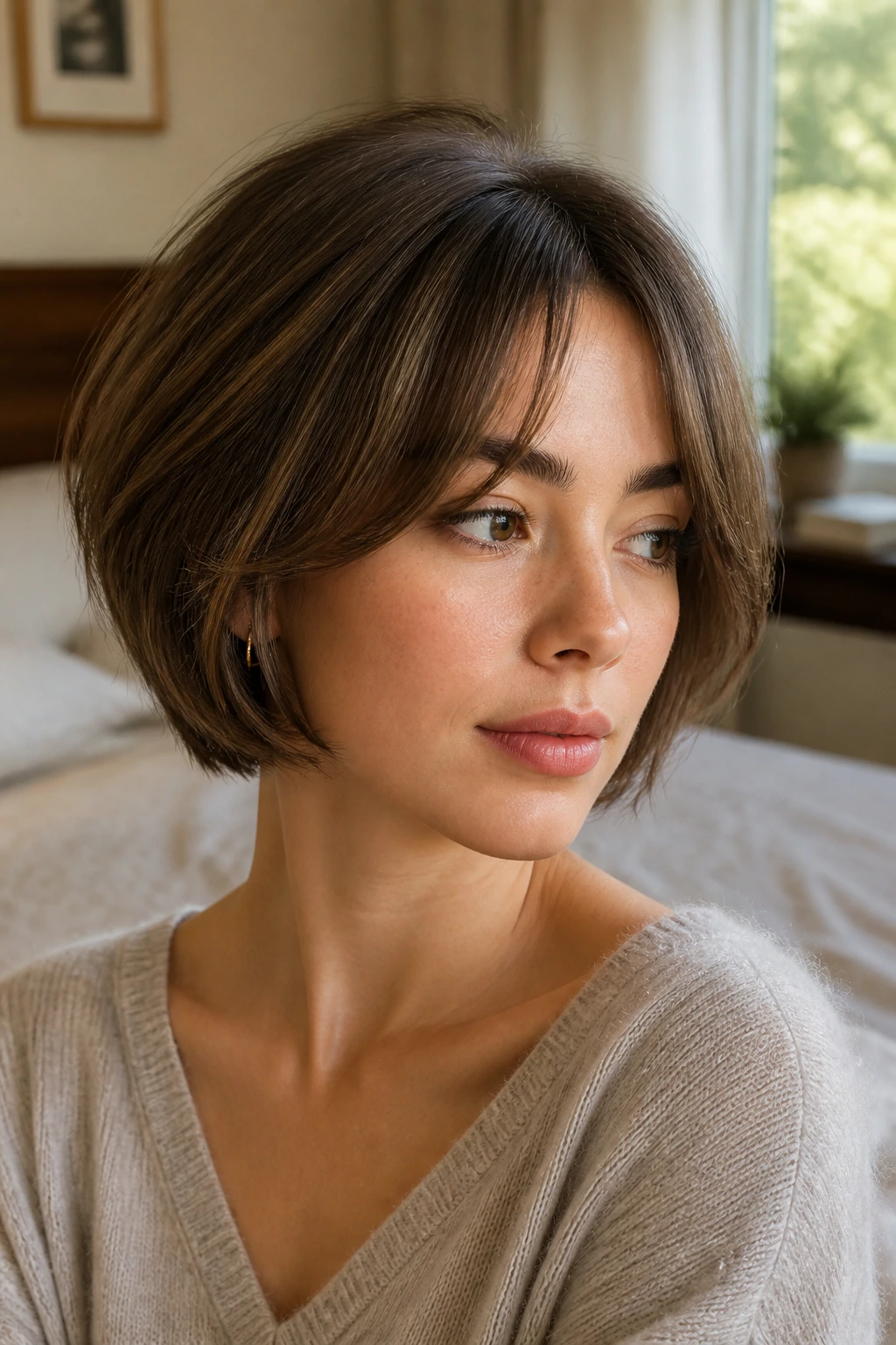 Close-up portrait of a real woman with a soft mushroom bob and split bangs in warm bedroom light