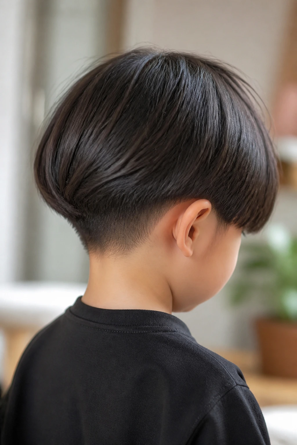 Toddler boy with hidden undercut mushroom bob back view.