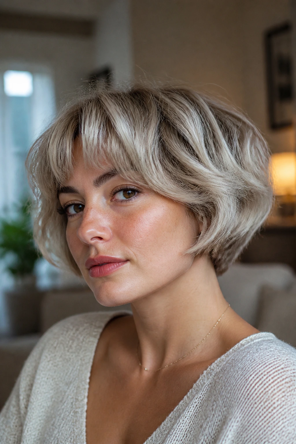 Real person with a wavy mushroom bob and soft interior layers in natural light.