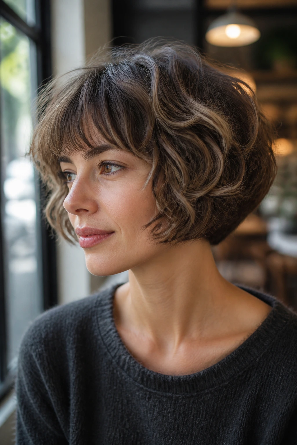 Close-up of real person with wavy mushroom bob and soft edge in cafe light