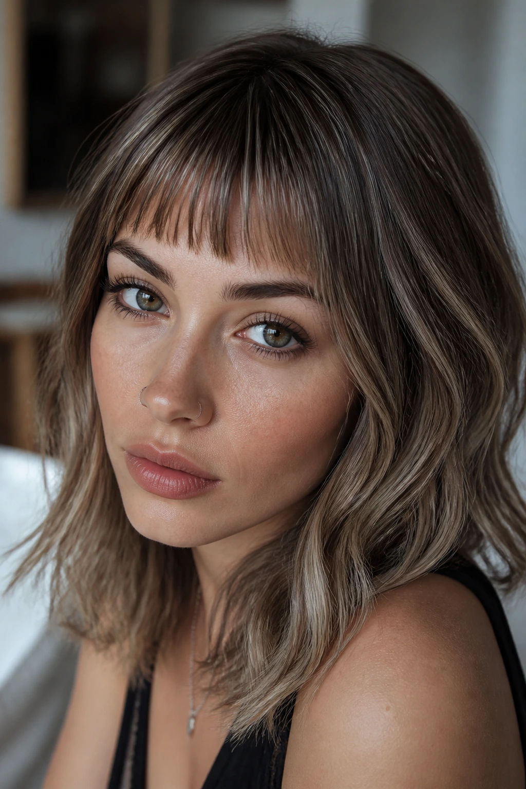 Close-up of a real woman with mushroom bronde and baby bangs in soft lighting