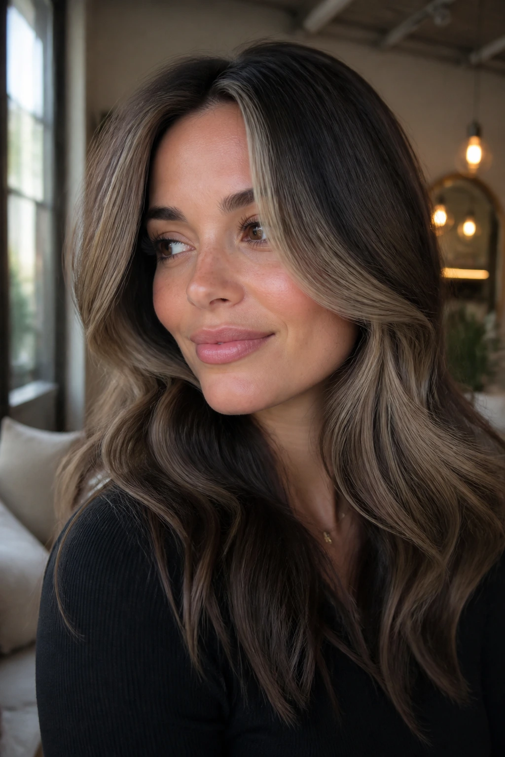 Close-up of a woman with mushroom bronde curtain highlights framing her face