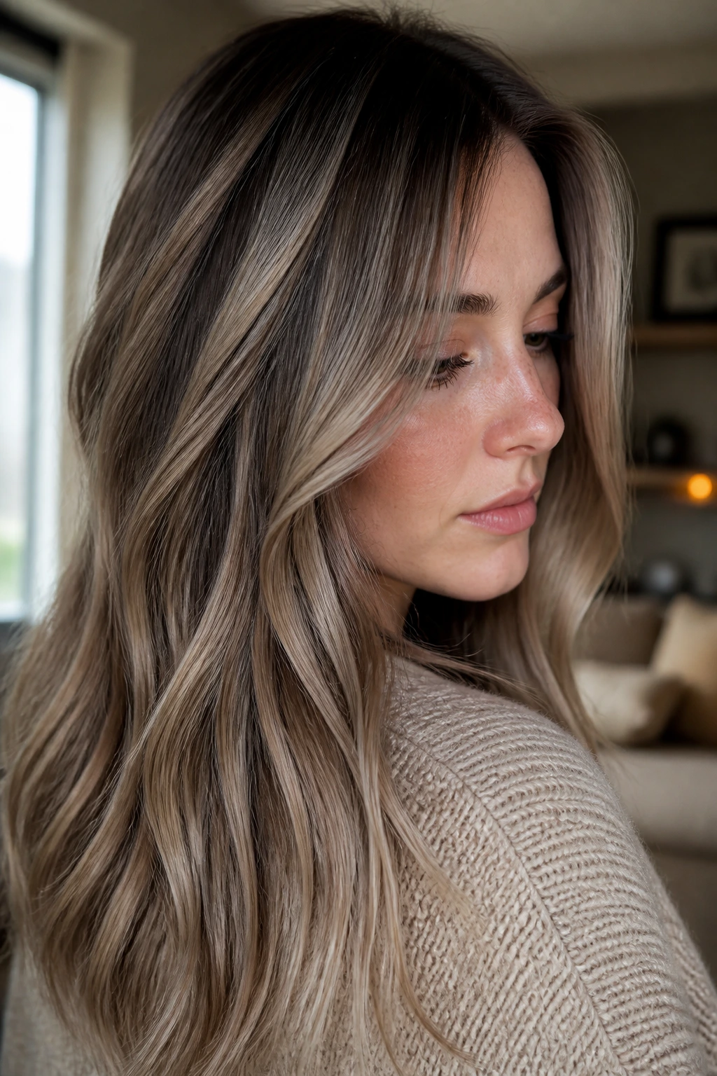 Close-up of a woman with mushroom bronde hair and smoky ribbons in soft window light