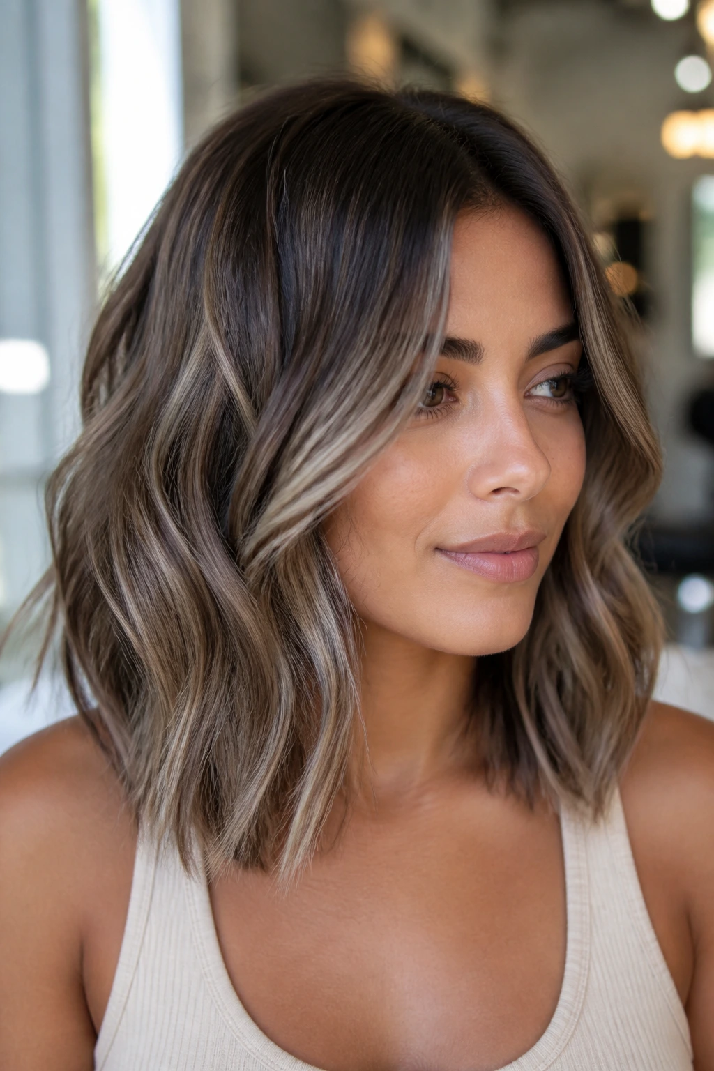 Close-up of a real woman with shoulder-length mushroom bronde hair in a salon