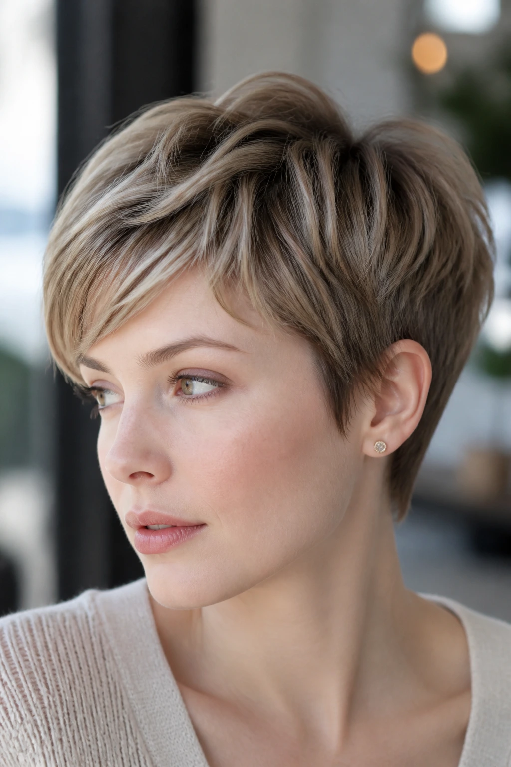 Real woman with mushroom bronde pixie cut in cool natural light.
