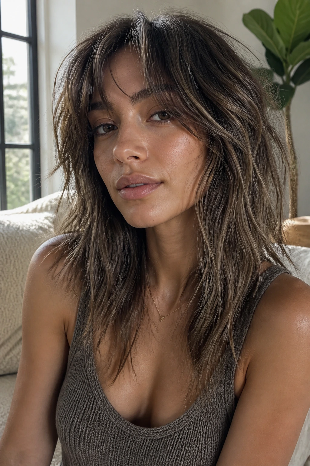 Close-up portrait of a real woman showing mushroom bronde shag on tan skin in a sunlit living room