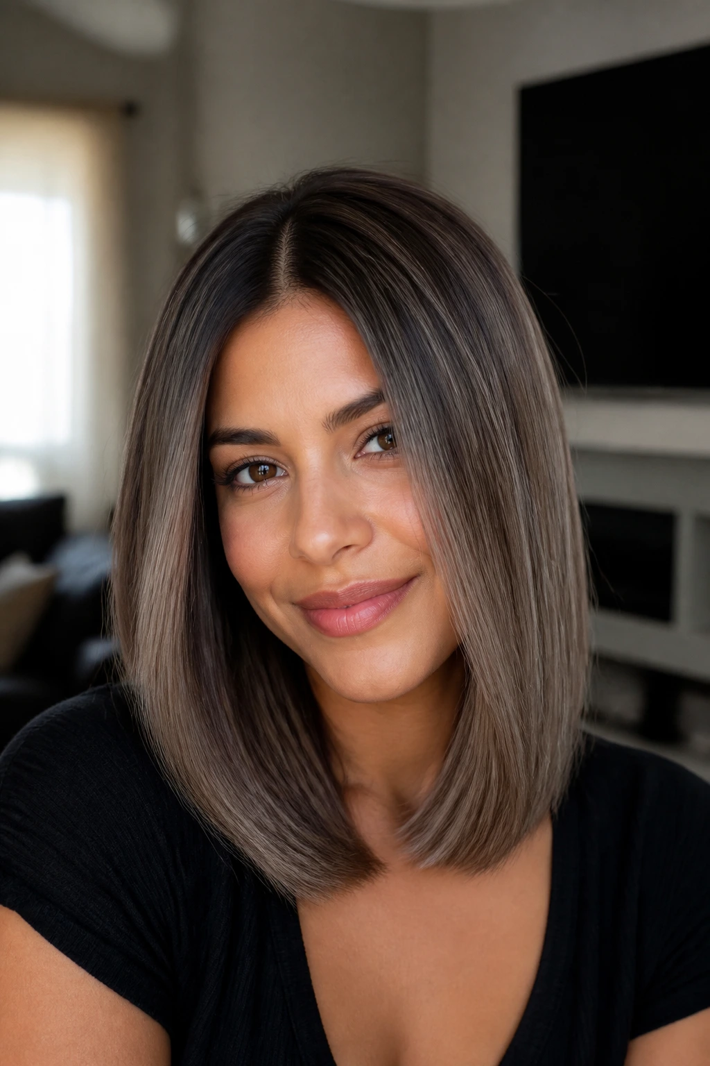 Close-up portrait of a real woman with mushroom bronde straight cut