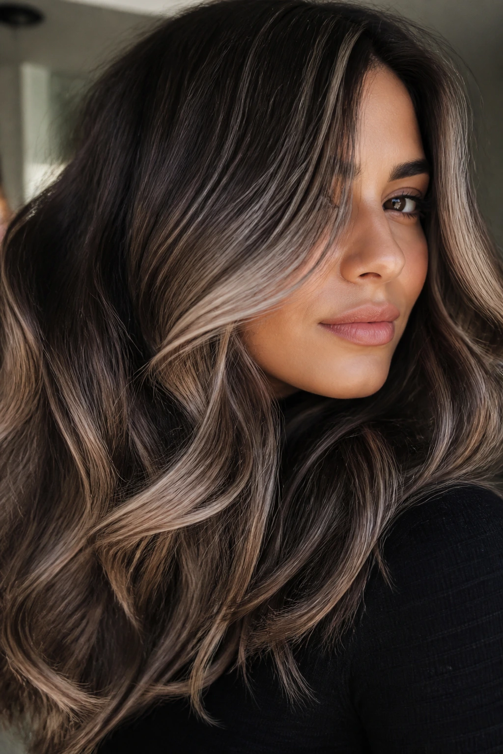Close-up of mushroom brown and ash beige bands on thick hair