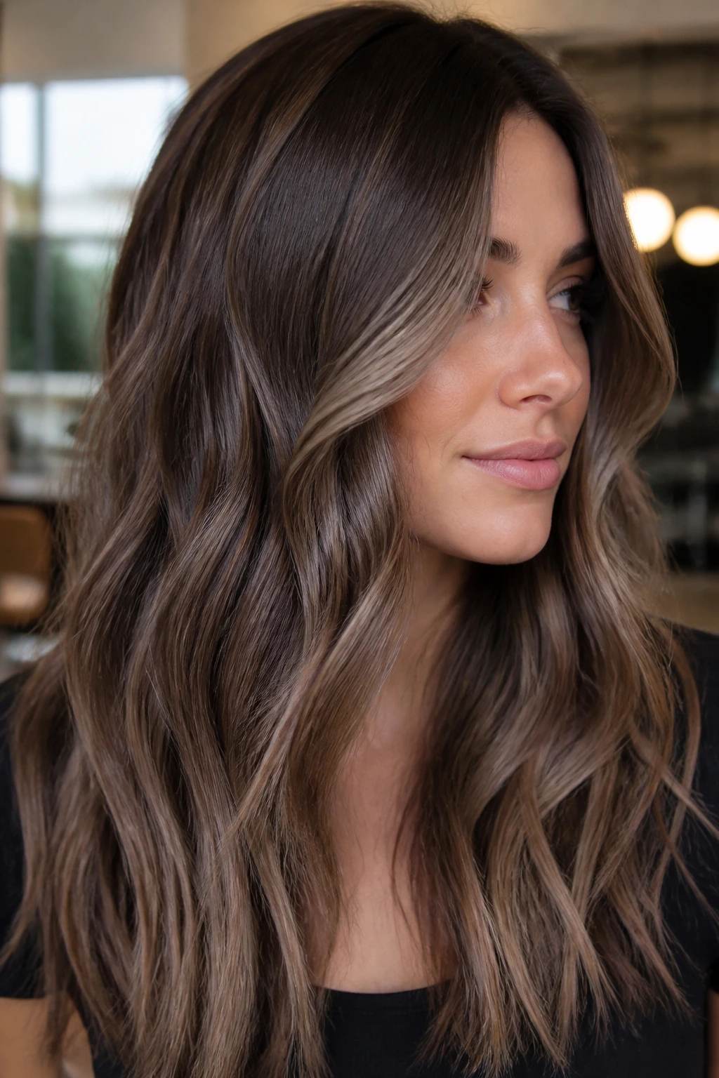 Brunette with mushroom brown balayage featuring beige-ash ribbons