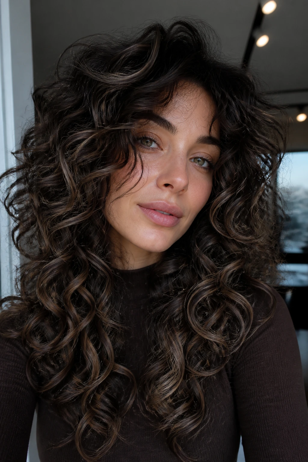 Real woman with mushroom brown ribbons in dark curls close-up