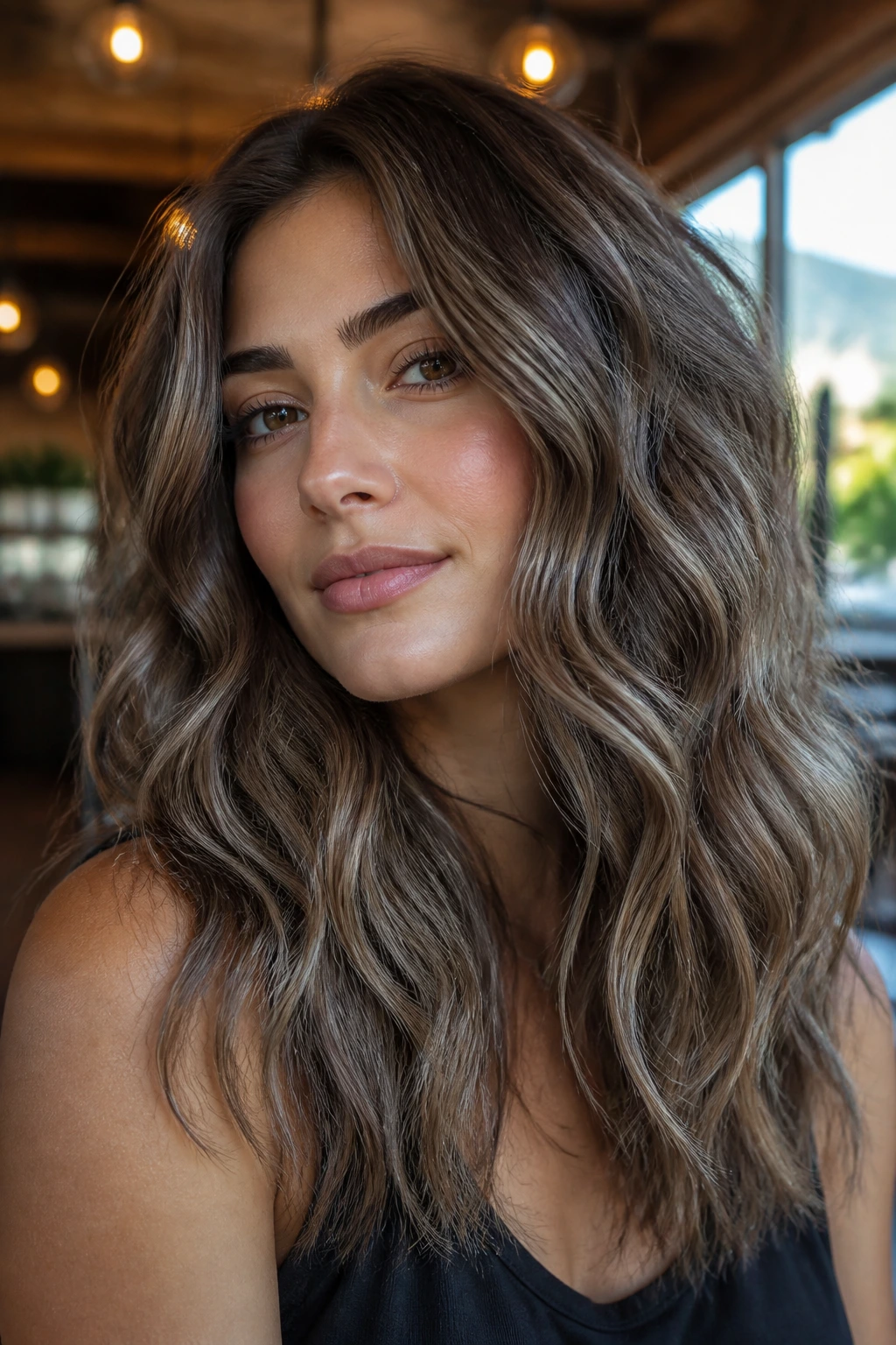 Close-up portrait of a real woman with mushroom brown balayage on curls