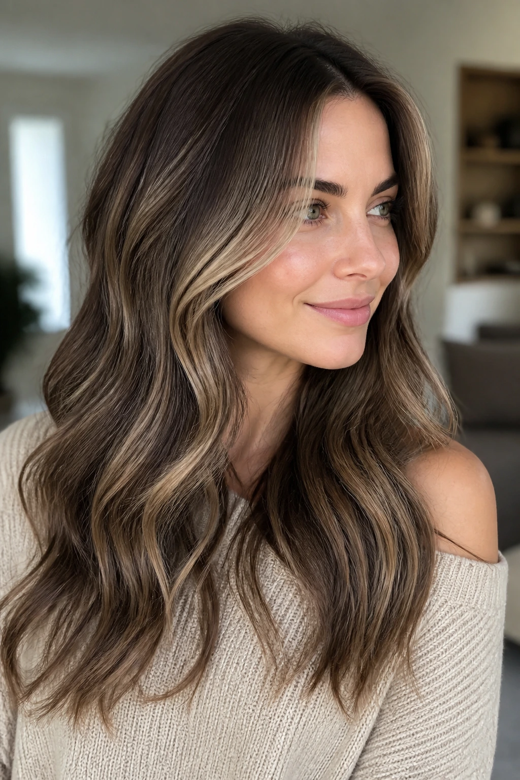 Real woman with mushroom brown balayage and caramel veils