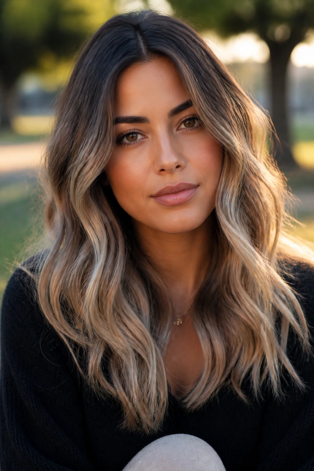 Portrait of a person with mushroom brown to beige blonde fade in wavy hair