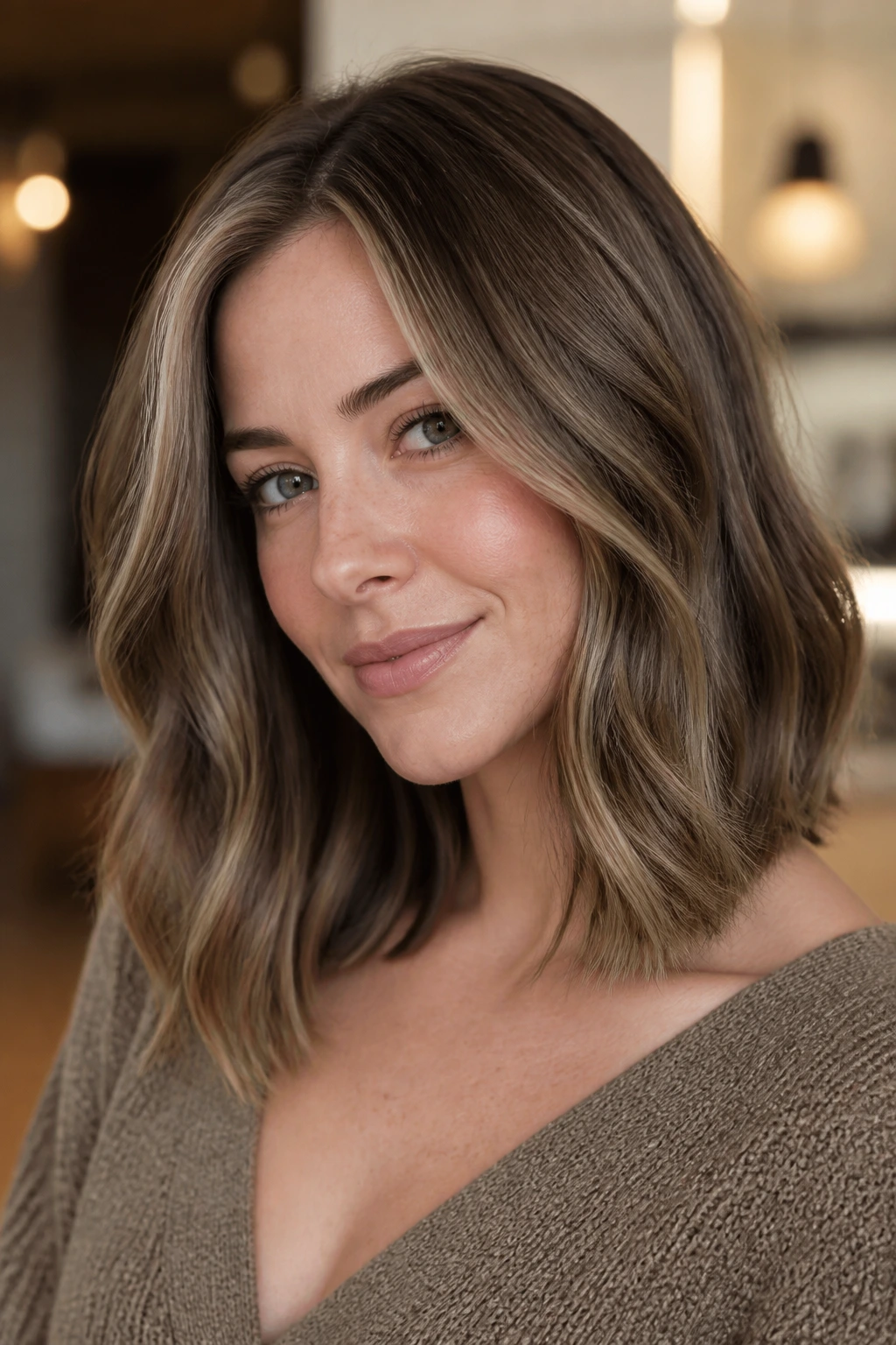 Close-up of mushroom brown lob with beige babylights on a real person