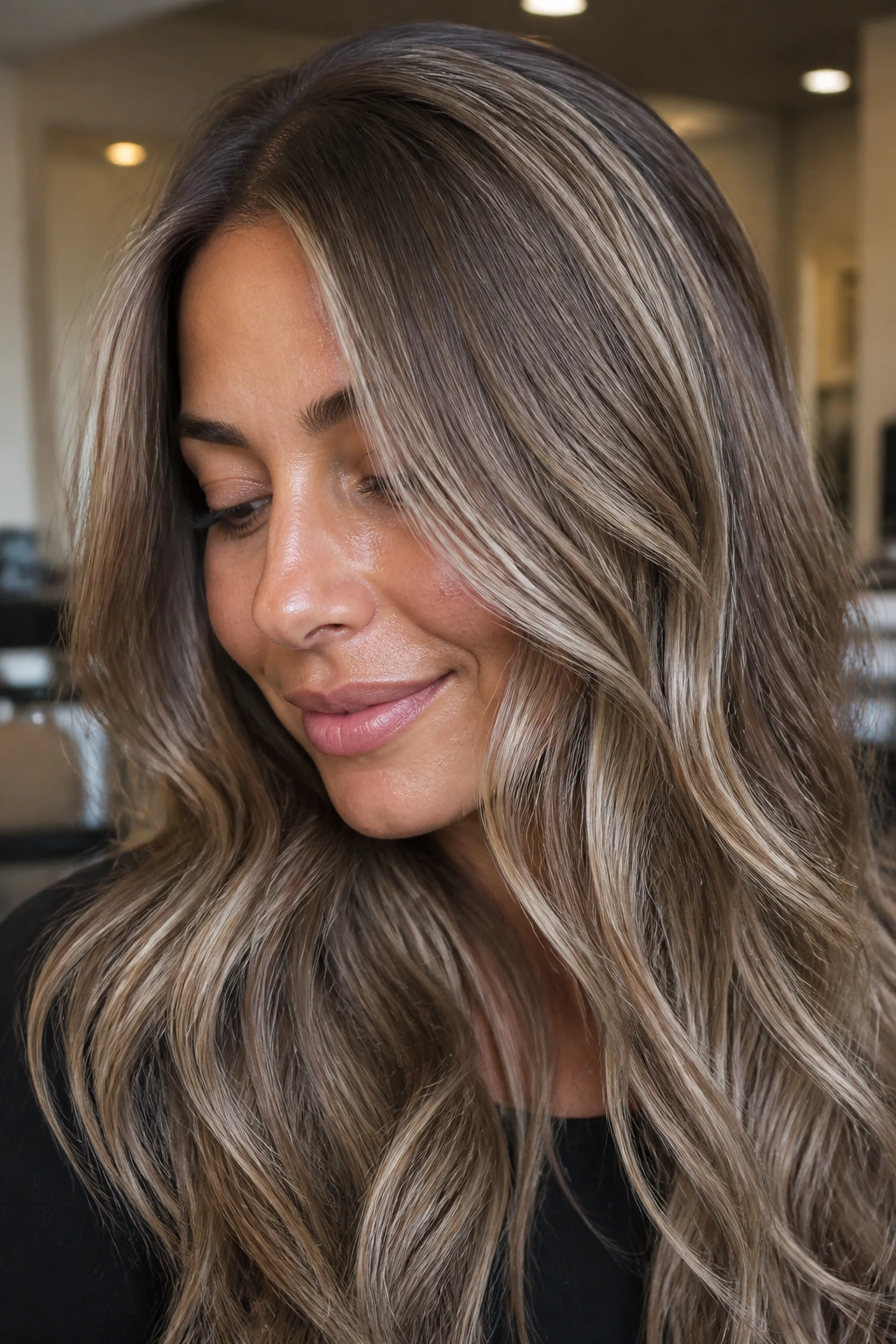 Close-up of mushroom brown hair with beige ribbons framing the face on a real person.