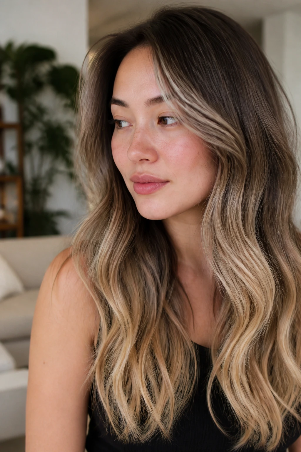 Close-up of a real woman with mushroom brown-to-blonde melt