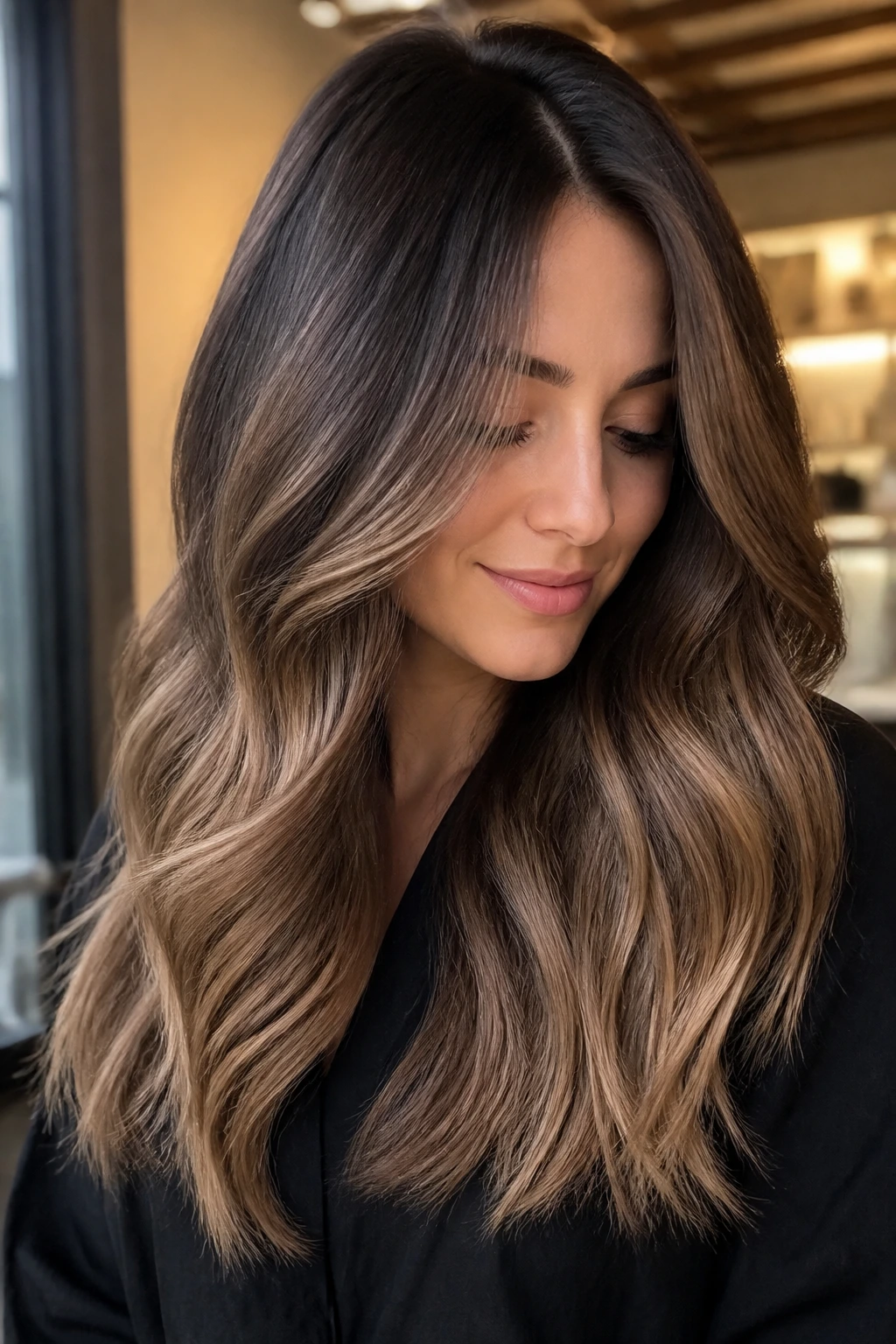 Close-up brunette with mushroom brown to caramel balayage gradient.
