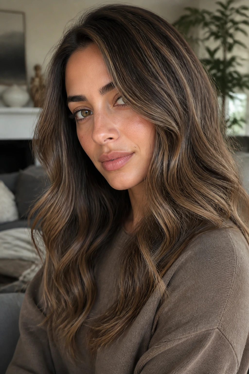 Close-up of a real woman with mushroom brown hair and caramel veins on olive skin.