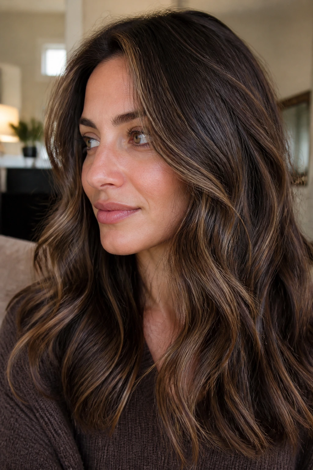Close-up of a real woman with mushroom brown hair and caramel threads in natural light
