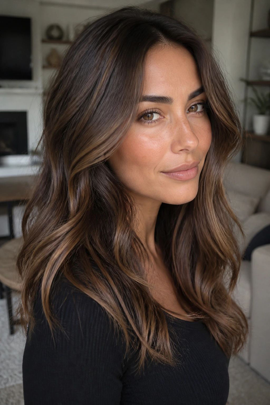 Woman with mushroom brown hair and caramel veil close-up