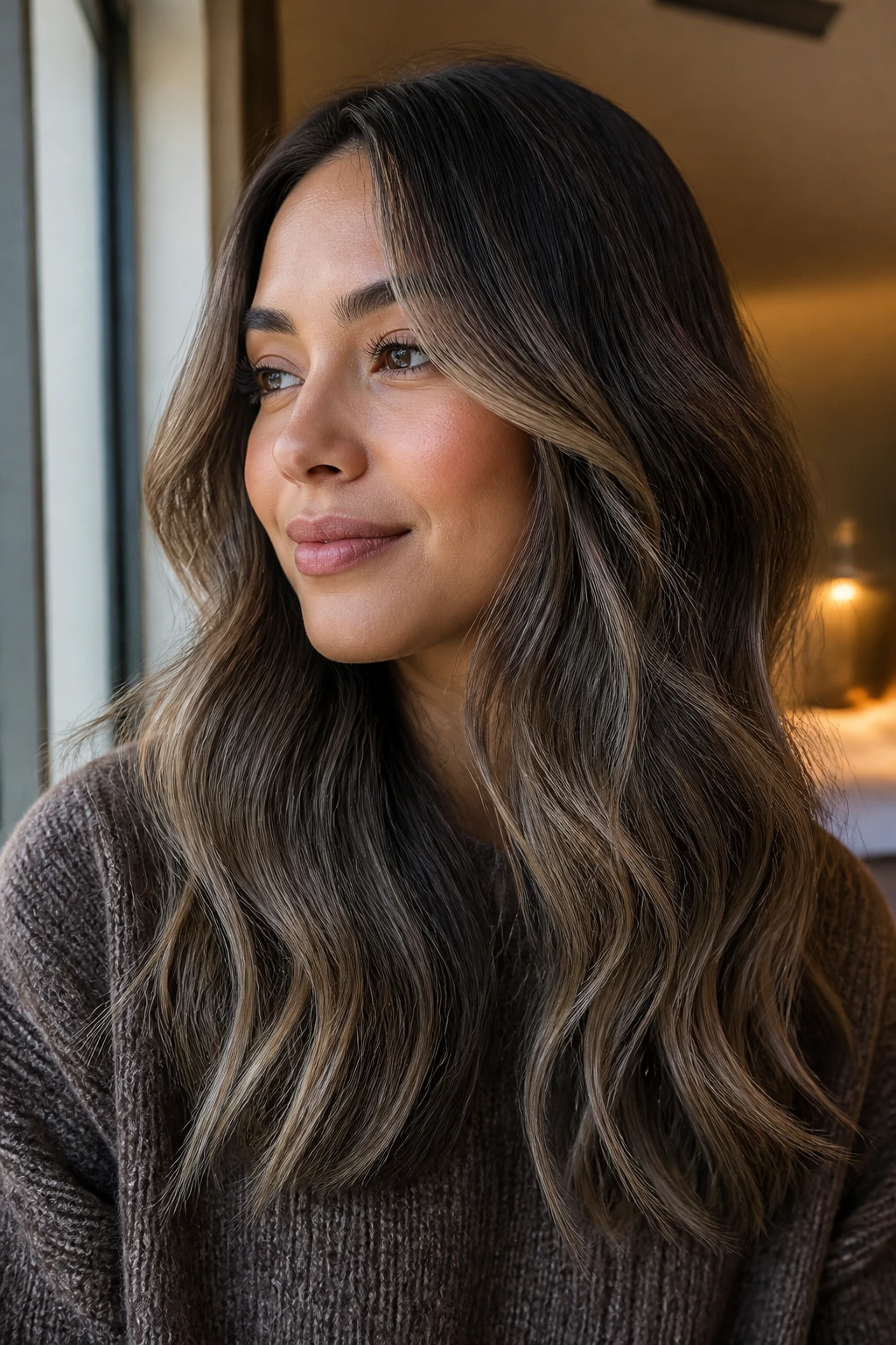 Close-up of mushroom brown hair with beige caramel veil