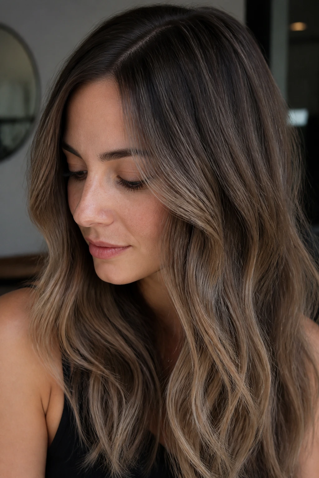 Portrait of mushroom brown base with caramel veils in hair
