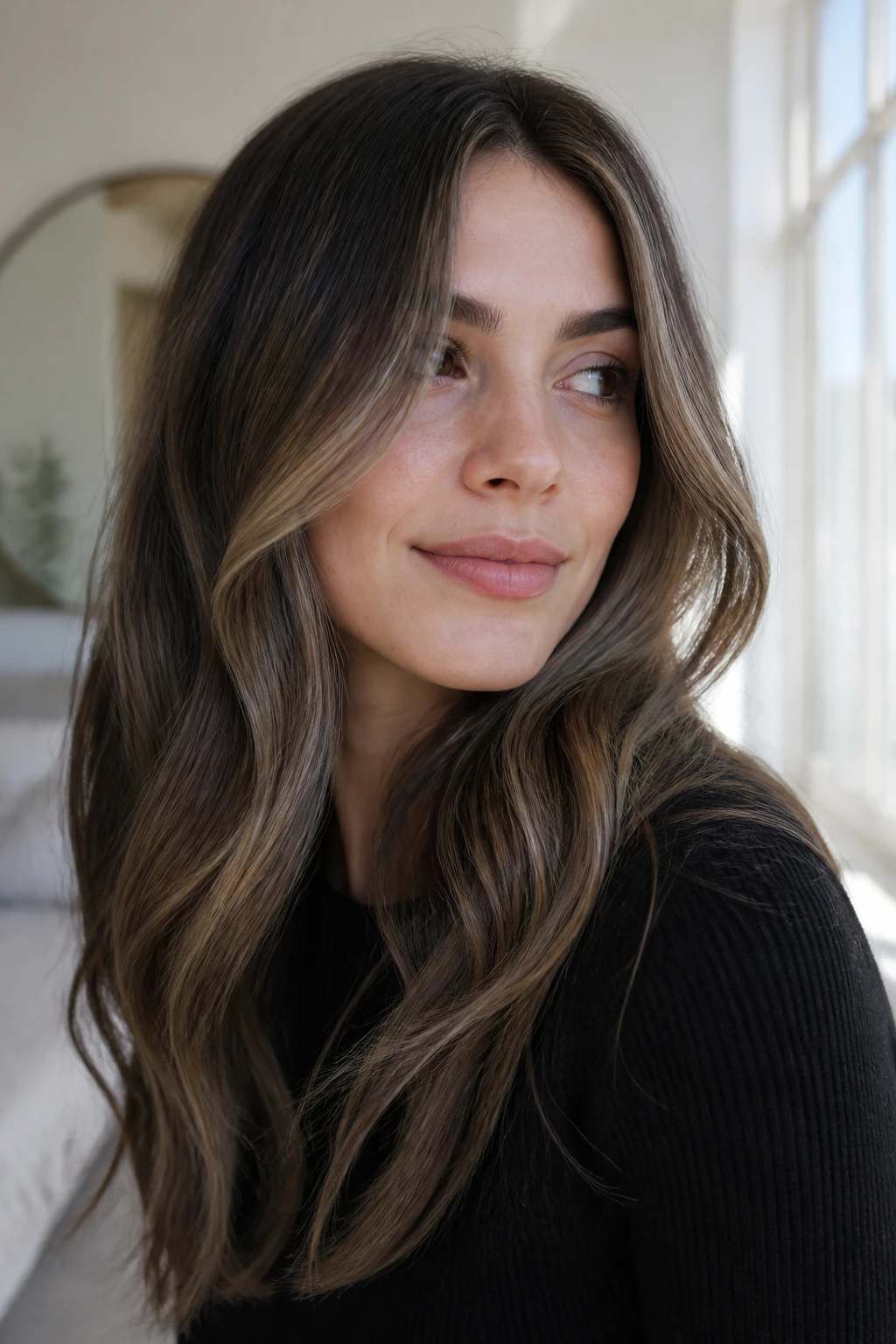 Portrait of a brunette with mushroom brown base and caramel veils