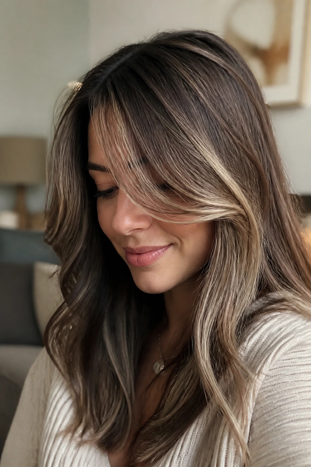 Close-up of mushroom brown hair with champagne ribbons on side-swept bangs