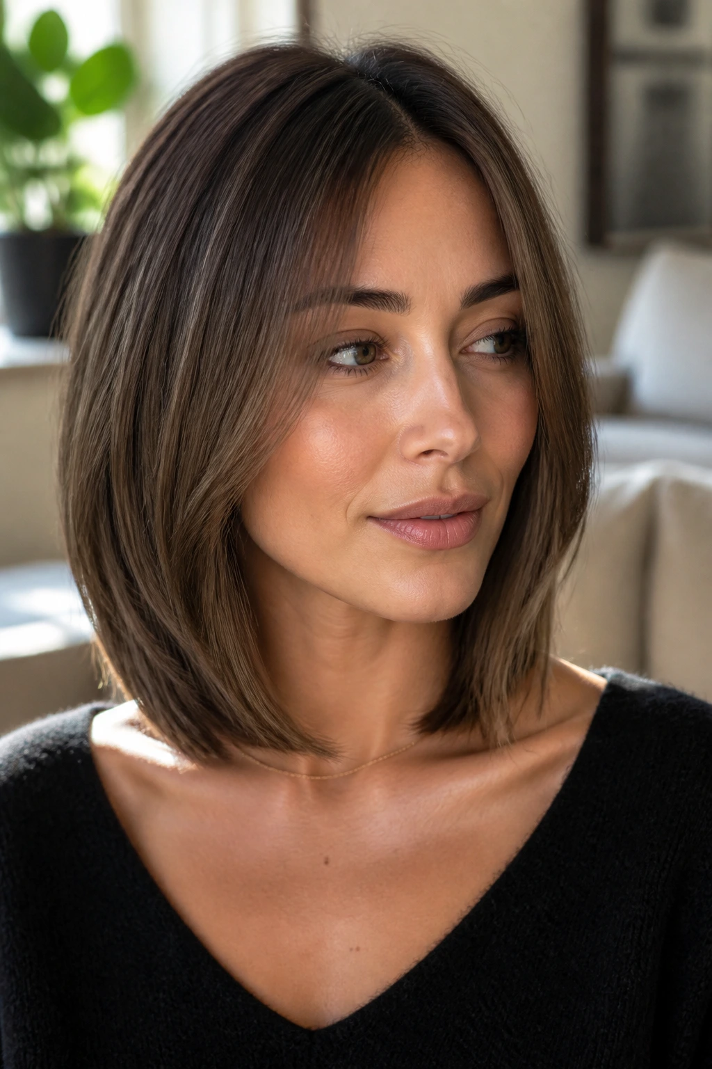 Close-up of a real woman with mushroom brown collarbone-length haircut in a sunlit living room.