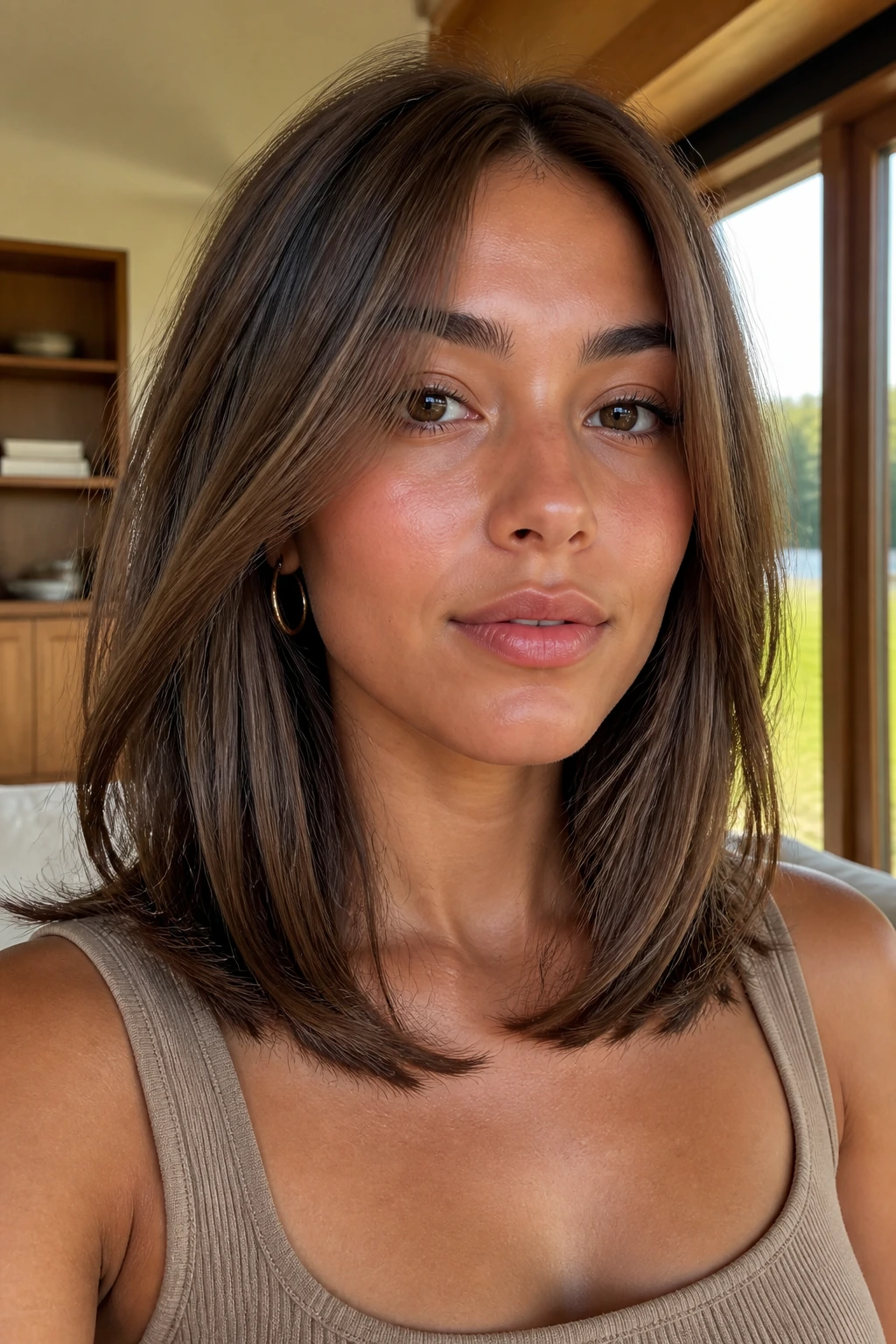 Close-up of a real woman with mushroom brown collarbone-length hair and subtle long layers