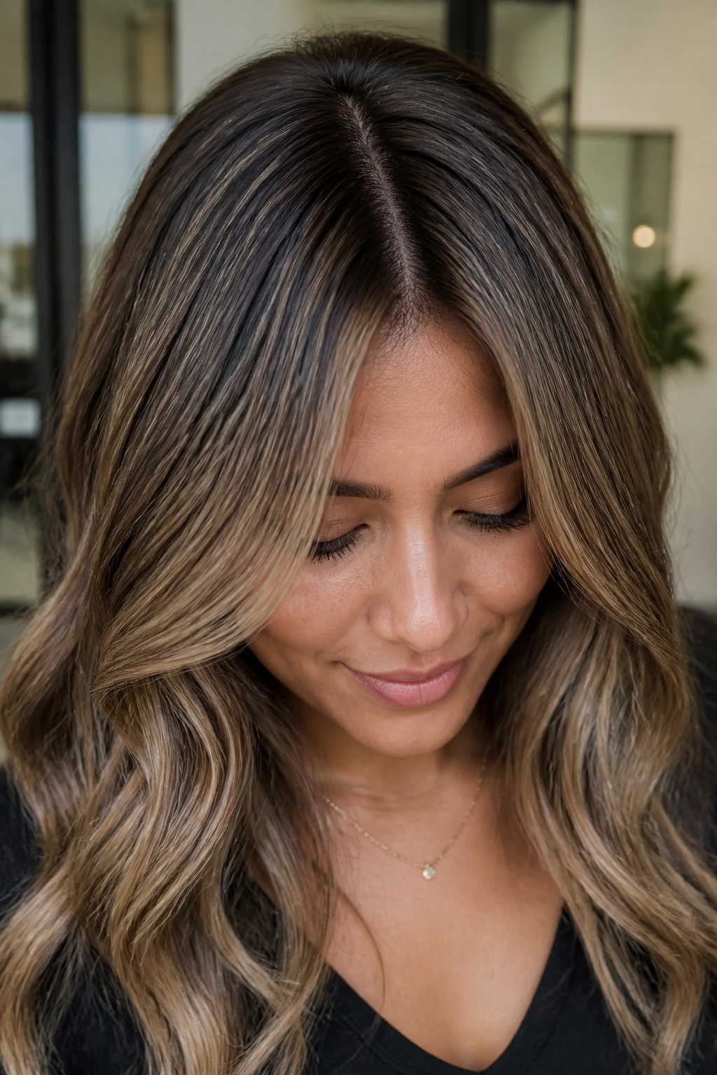 Close-up of mushroom brown crown blend with cool tones and root shadow