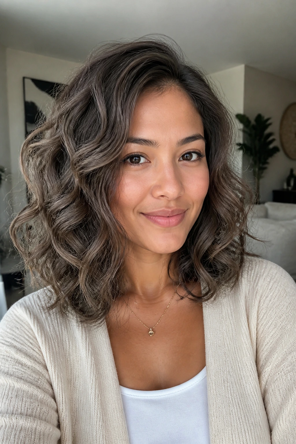 Close-up portrait of real woman with mushroom brown shoulder-length curls