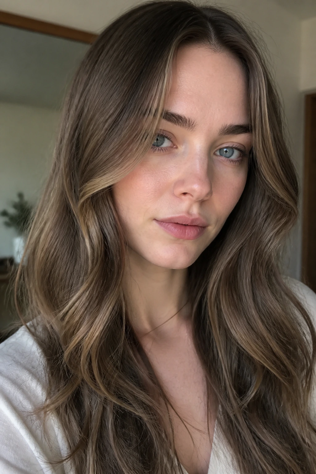 Portrait of a woman with a mushroom brown curtain frame.