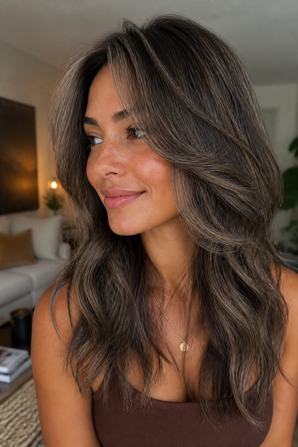 Close-up of hair with mushroom brown dimension creating a smoky, cool look