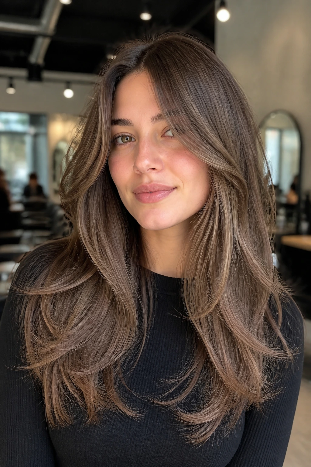 Close-up of mushroom brown dimensional hair on long layered style