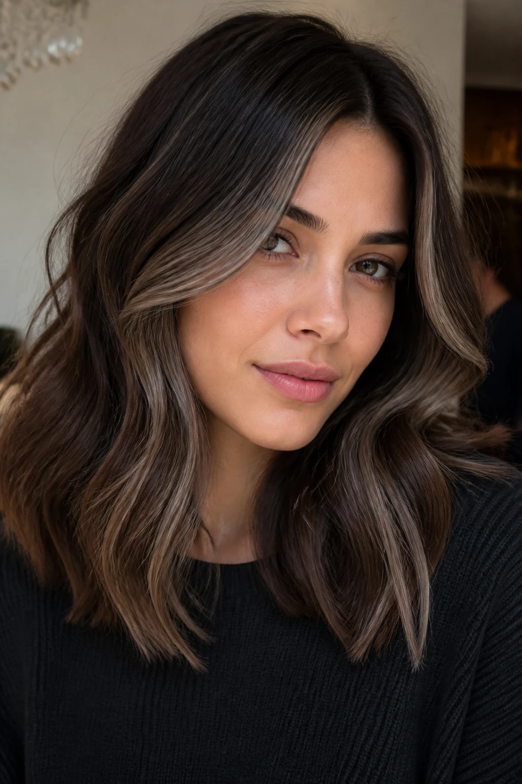 Cool brunette with mushroom brown face frame skimming the cheekbones