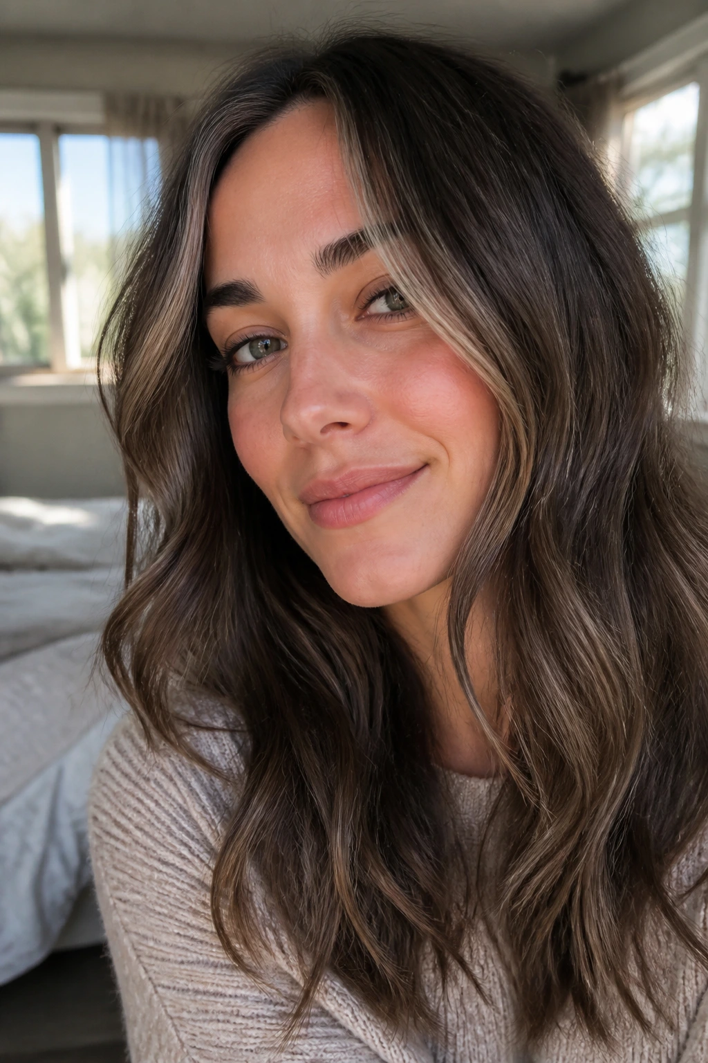 Close-up portrait of a real woman with mushroom brown hair and lighter face-framing pieces