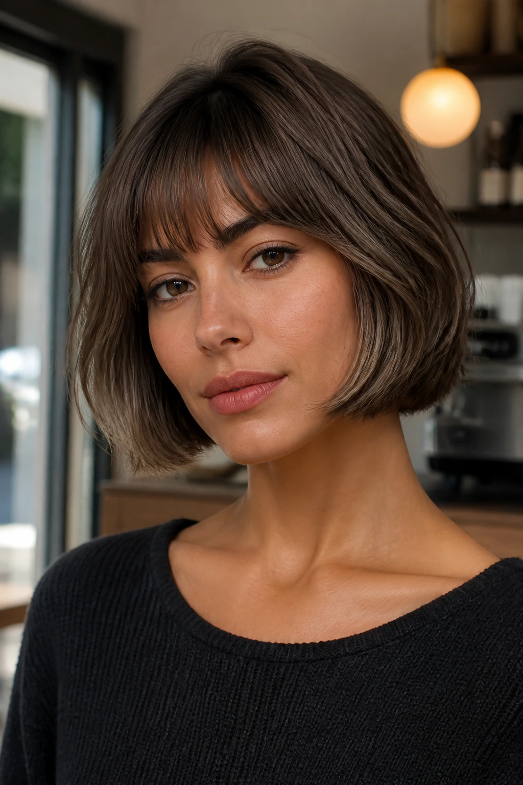 Real woman with mushroom brown French bob in cafe light
