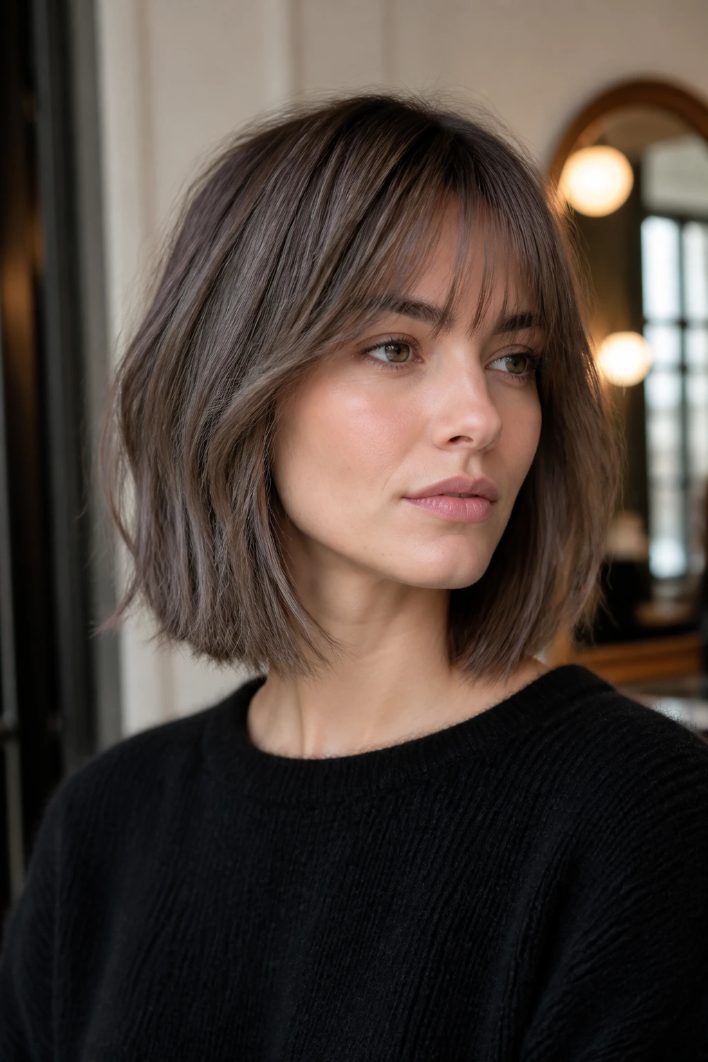 Close-up of real woman with Mushroom-Brown French Lob showing muted mushroom-brown lowlights