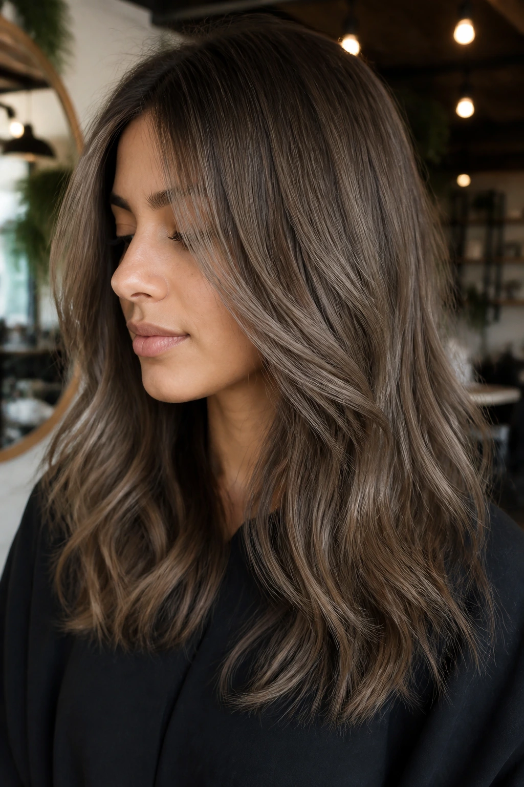 Real woman with mushroom brown glaze and soft layers in brunette hair