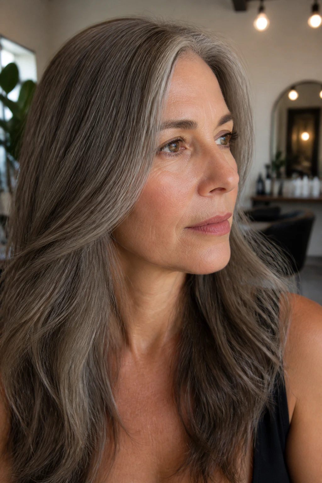 Portrait of a woman with mushroom brown gloss softening silver hair
