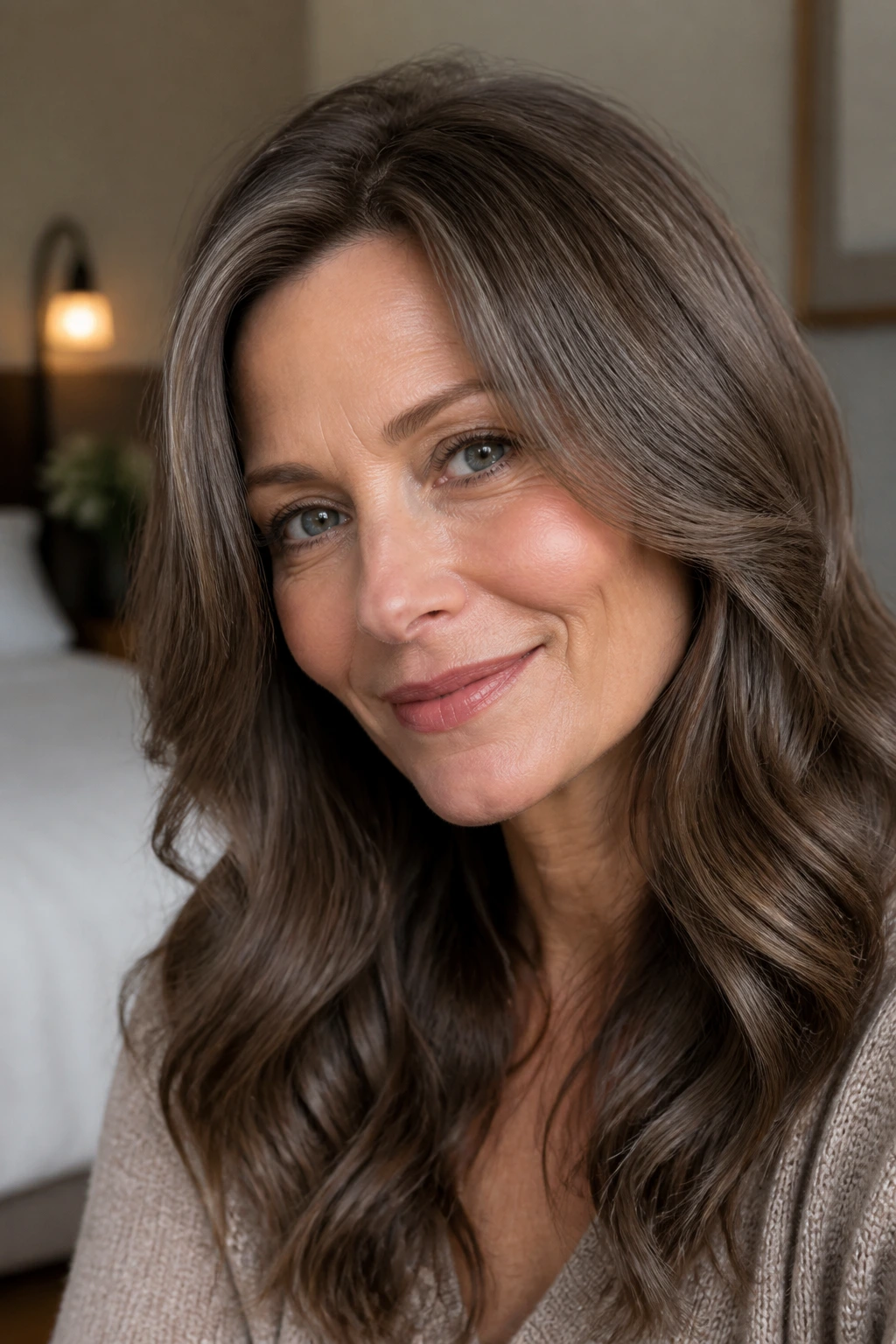 Close-up portrait of a real woman with mushroom brown gloss hair.