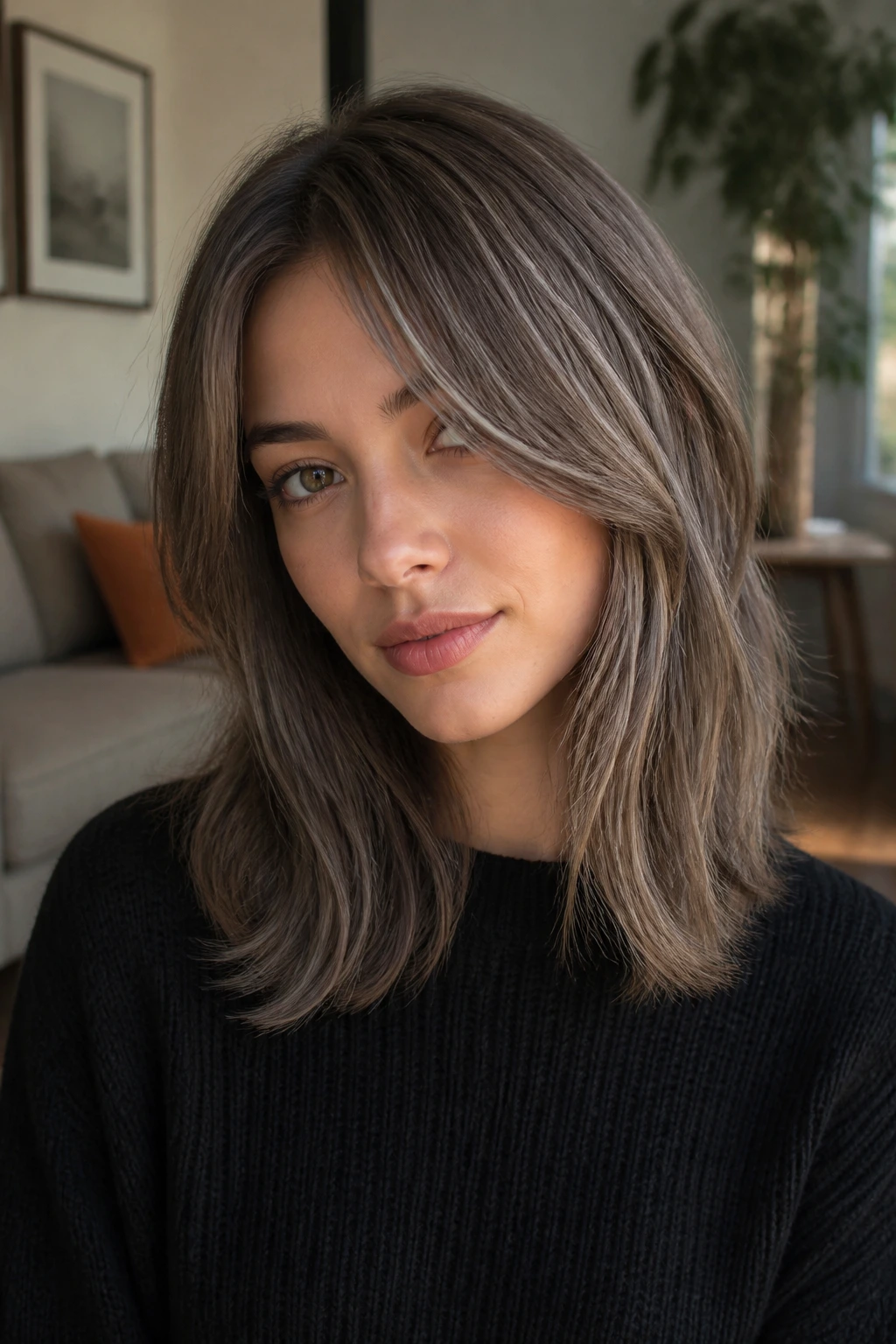 Close-up of mushroom brown hair with grey-beige wash on a real person