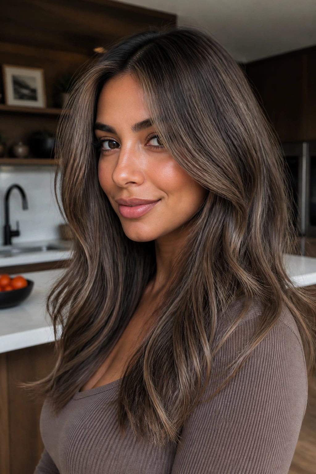 Close-up of real woman with mushroom brown highlights in cool brunette tones
