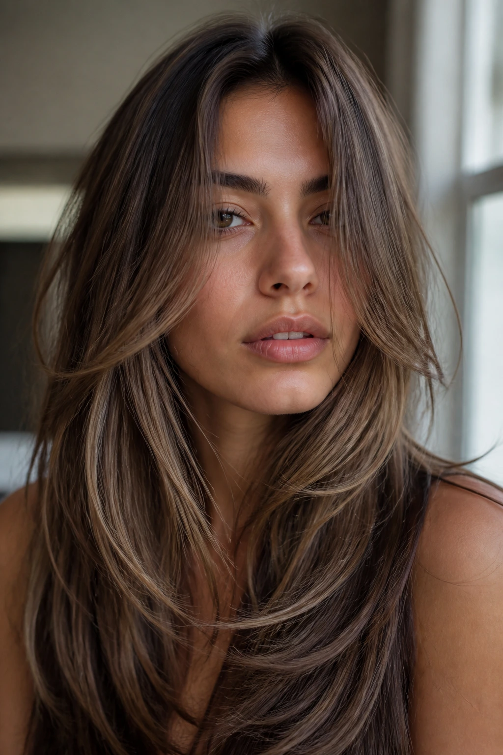 Real person with mushroom brown hair and airy end styling